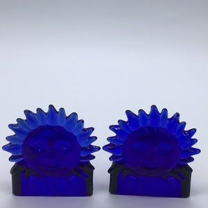 Pair Of Cobalt Blue Sun T-Light Candle Holders